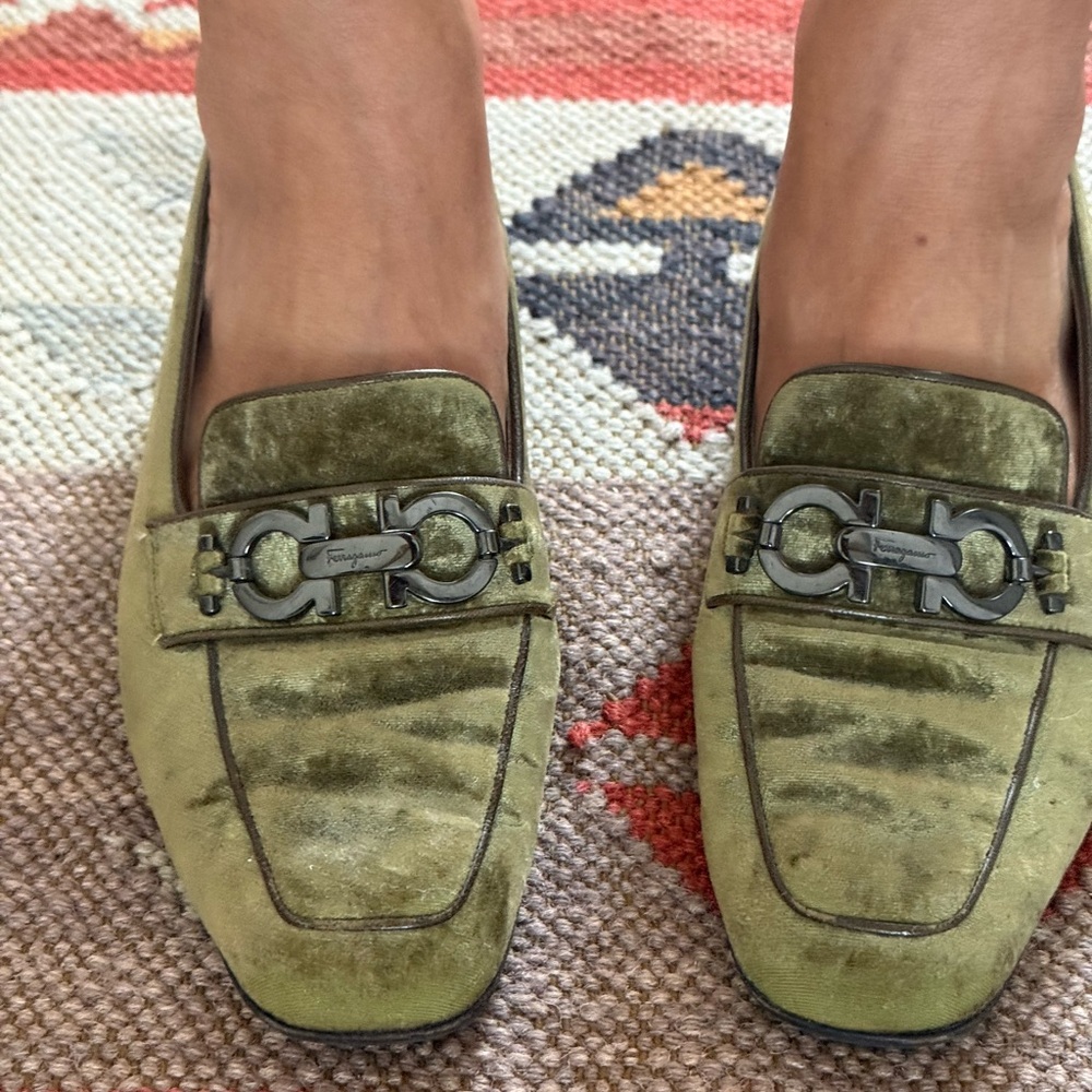 Salvatore Ferragamo Olive Velvet Loafers